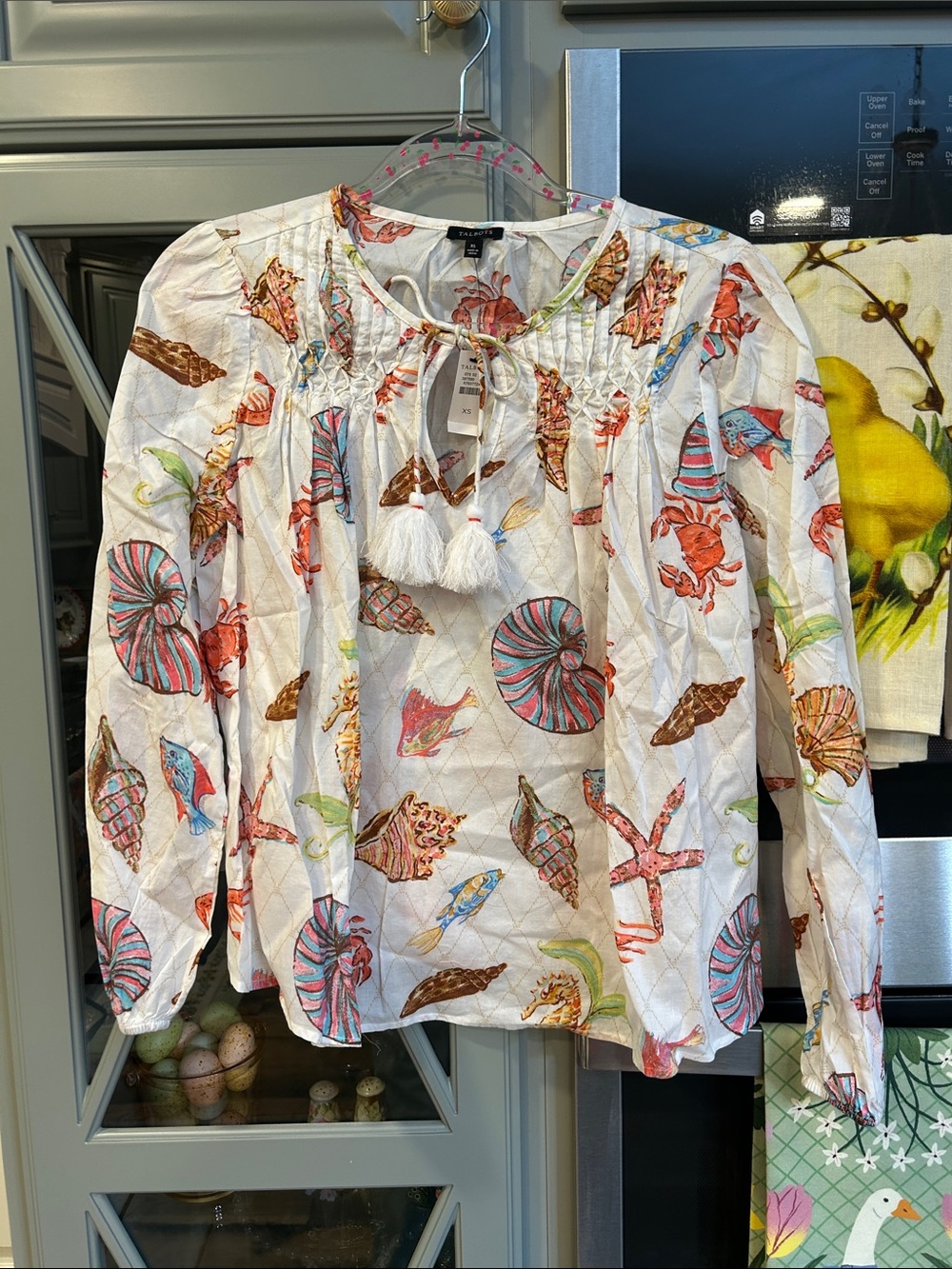 Talbots White Multicolor Cotton Seashell Peasant Blouse XS NWT